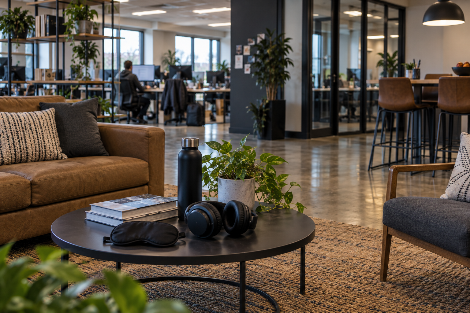 A modern office lounge opening into a real working office environment
