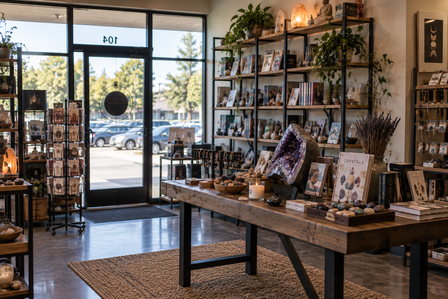 A boutique-style partner venue with crystals, books, and display tables