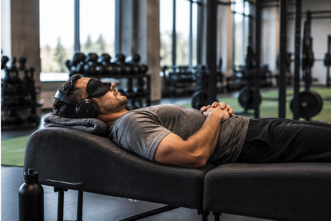 An athlete resting on a vibroacoustic table in a training environment
