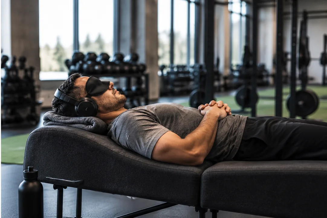 Athletes and training equipment in a performance facility, with a vibroacoustic recovery table in the foreground